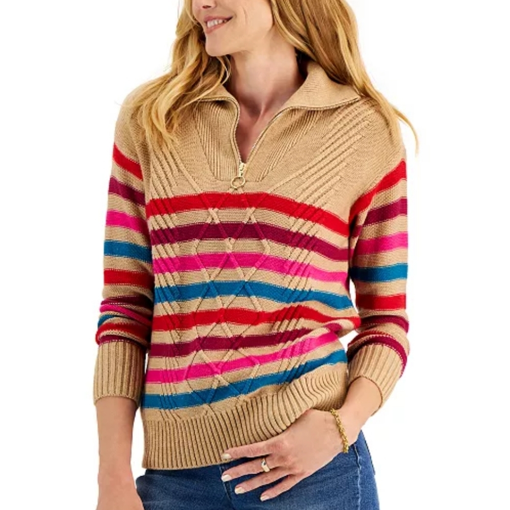 NWT Charter Club Women’s Striped Quarter Zip Sweater XXL Cozy Knit